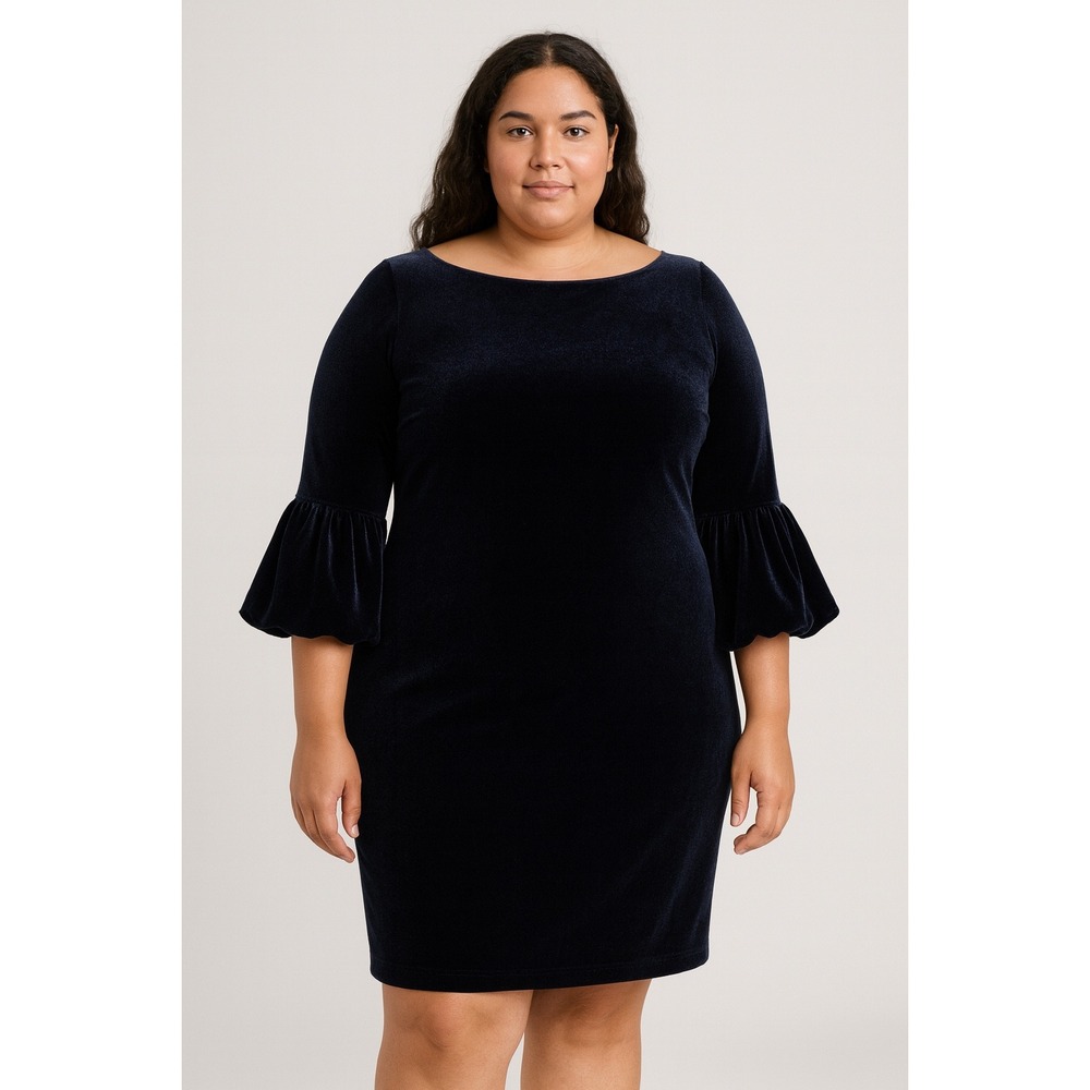 Eliza J Navy Blue Velvet Bell Sleeve Pencil Dress‎ Knee Length Scoop Back
